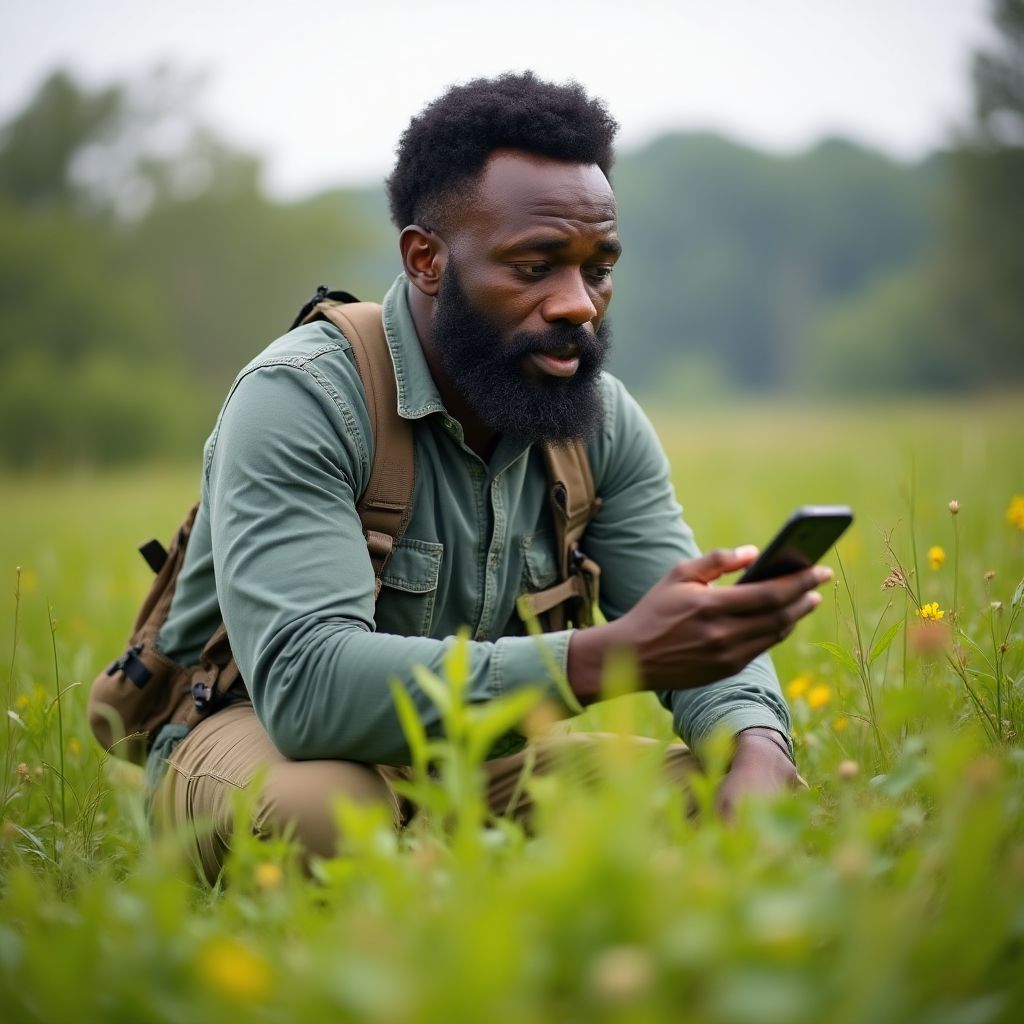 Jamal Winters, ecology specialist examining plants in hidden Sydney location