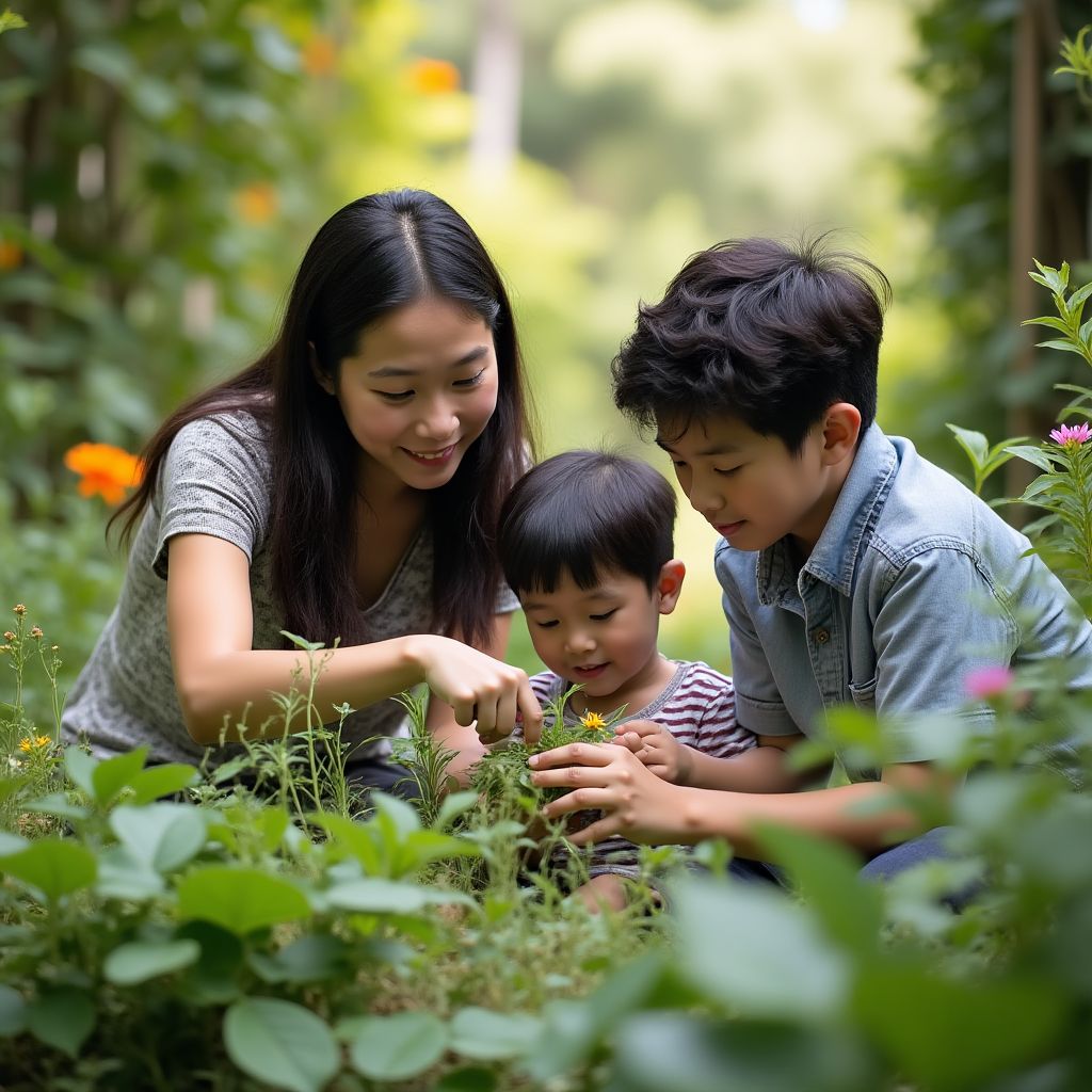 Wong family exploring a hidden garden in Sydney